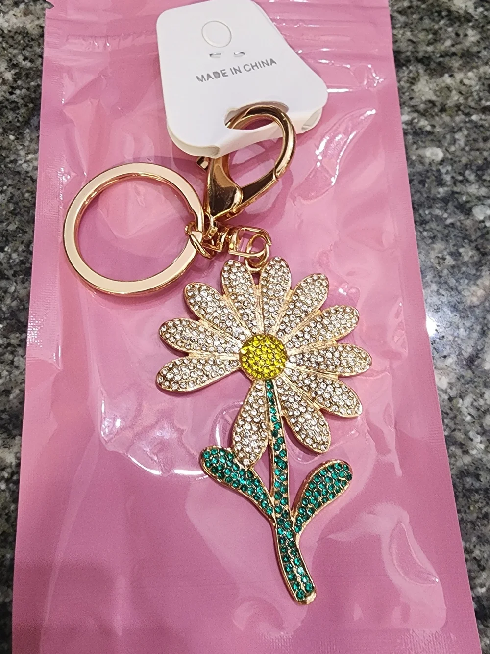 Gold Daisy Crystal Keychain - Floral Charm Key Ring
